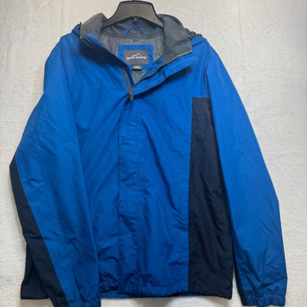 Eddie Bauer Jacket Mens Size Large Blue Windbreaker Hooded Hiking Waterproof